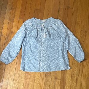 Joie Ditsy Floral Linen Blend Light Blue Embroidered Boho Peasant Top